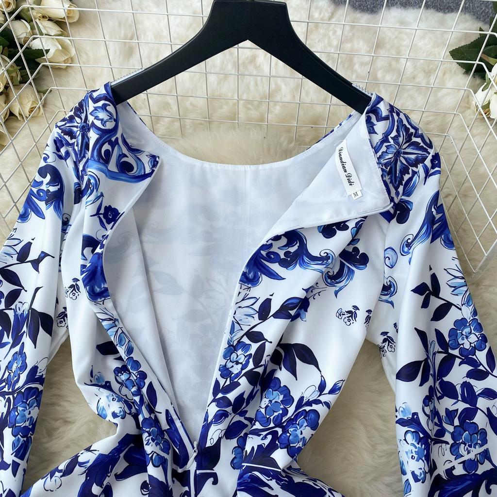 Autumn Vintage Brand Designer Print Runway Dresses Women Flare Sleeve Mini Short Party Dress