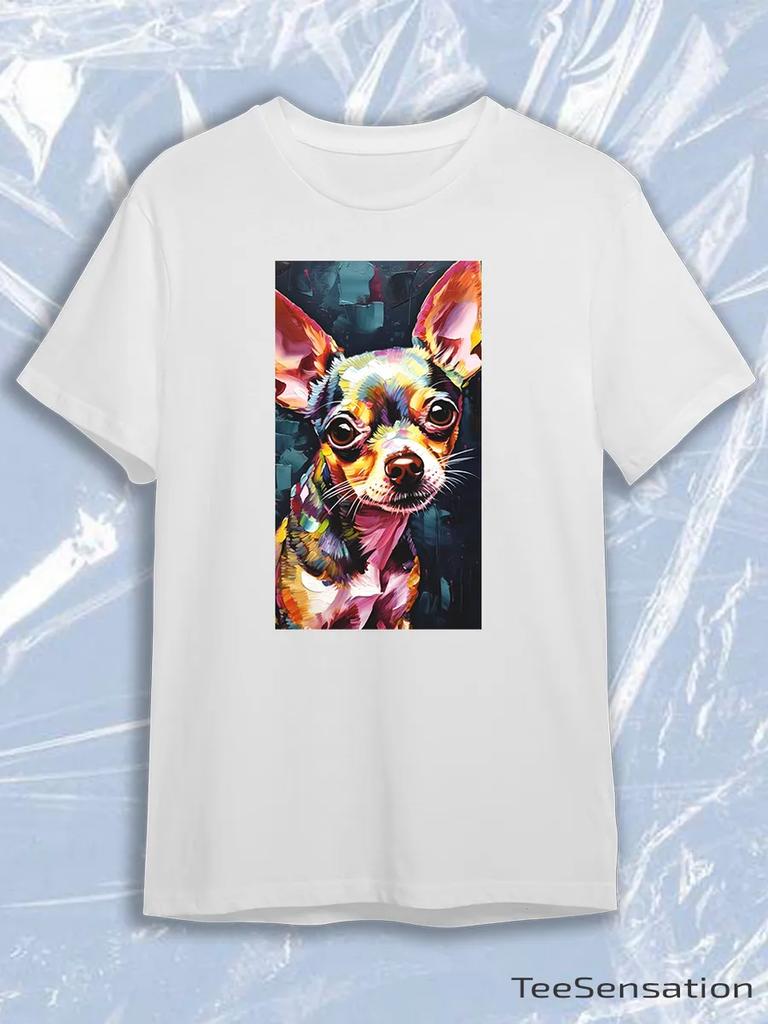 TeeSensation White Crew Neck Short Sleeve T-Shirt with Colorful Oil Painting Chihuahua Dog Portrait Print