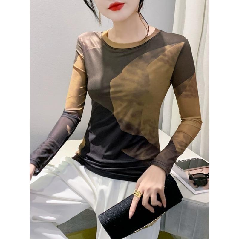 S-3XL Stretchy Mesh Tee TShirt Women O-Neck Full Sleeve Printing T-shirts Female Elegant High Stretch Slim Top