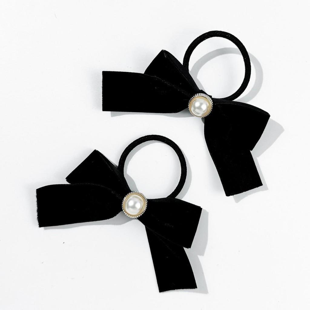 South Korea Pearl Velvet Bow Hair Tie - Sweet Retro Double Ponytail Accessory