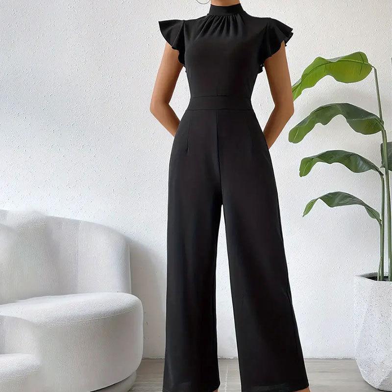 Women's Summer Standing Collar Ruffle Sleeveless Casual Long Jumpsuit