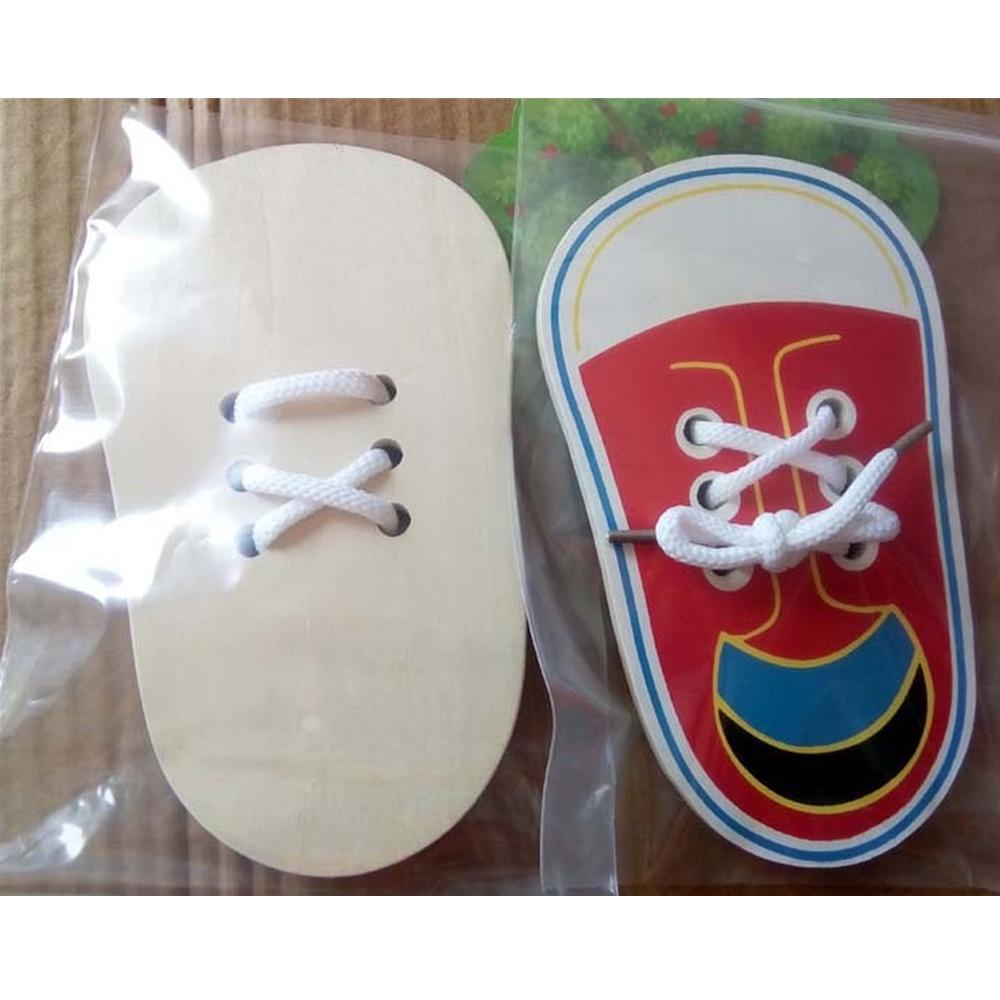 1 Piece Kids Cute Wooden Shoes Puzzles Toys Children Montessori Early Learning Tie Shoelaces Puzzles Wood Beads Lacing Board