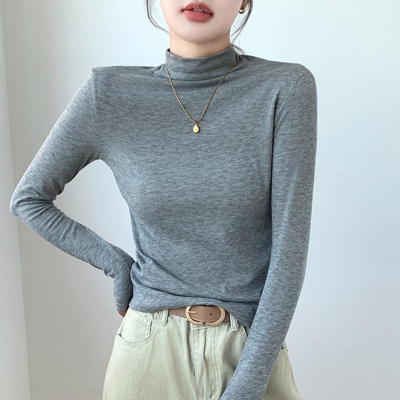 Футболка-основа с полувысоким воротом, женская осенне-зимняя теплая футболка с длинным рукавом, облегающий однотонный универсальный топ со средним воротом