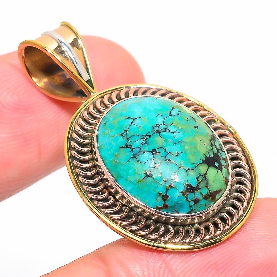 Натуральная тибетская бирюза двухцветная 925 пробы стерлинговое серебро кулон 1,50'' Y5G58