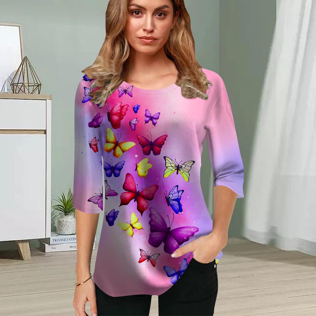 Womens Blouse 3D Pink Butterfly Printing Flower Half Sleeve Tops Summer Casual Tops Printed Round Neck Half Sleeve T Shirt