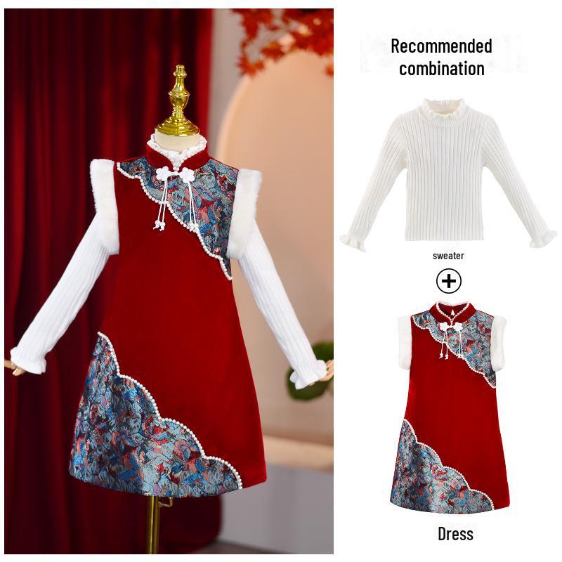 Зимнее теплое плюшевое платье-чонсам ханьфу для девочек - маленькие и средние размеры