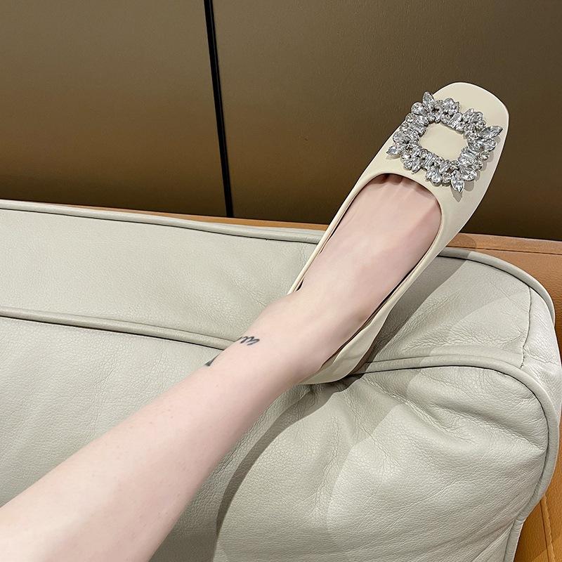 Весенне-осенние туфли-лодочки с квадратным носком и стразами, 2025, с мелким вырезом, на плоской подошве, Мэри Джейн, новые, универсальные, для通勤, с темпераментом, женские s