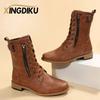 Модные ретро ботинки женские 2025 осень/зима новые большого размера короткие ботинки толстый каблук рыцарские ботинки коричневые кожаные каблуки