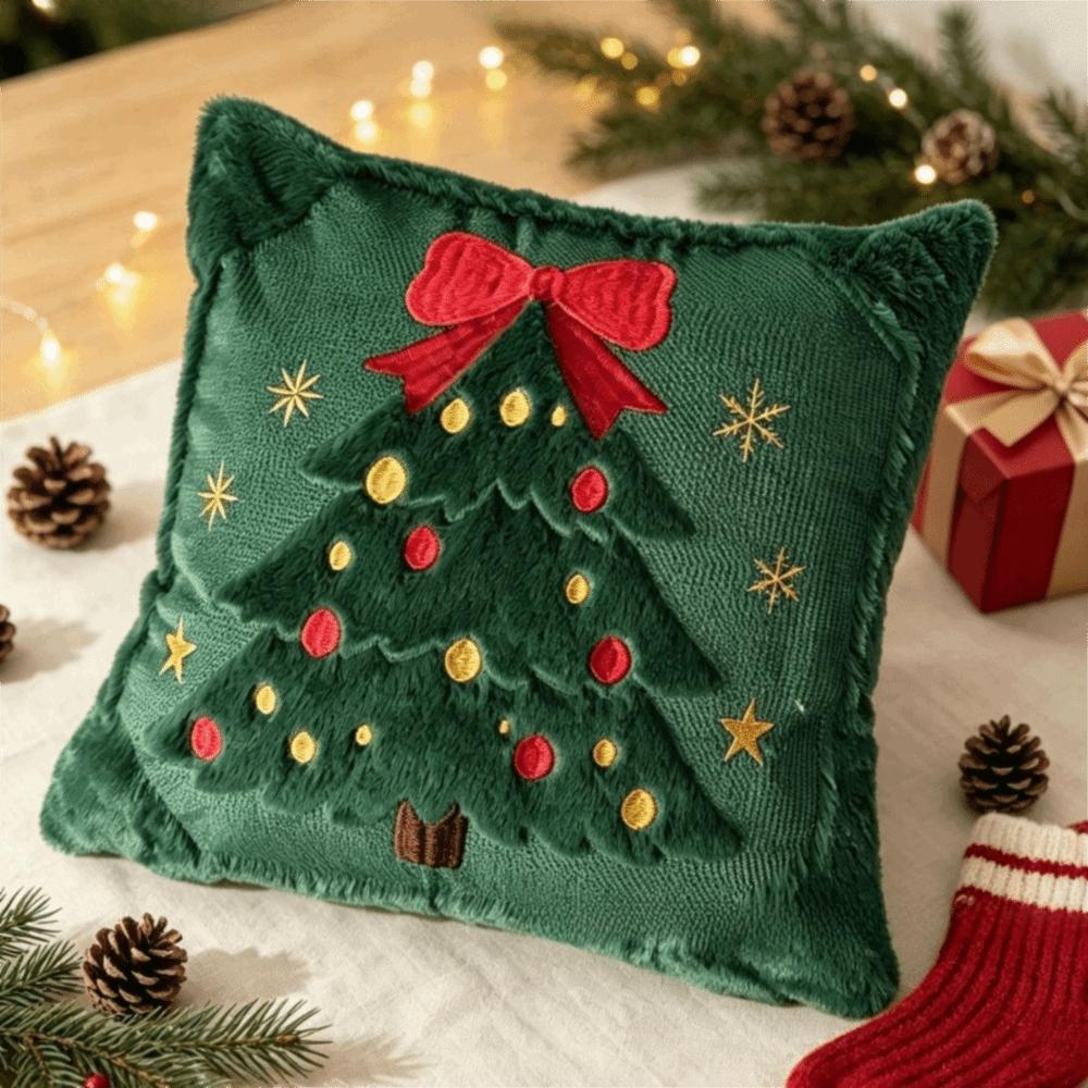 Soft Texture Christmas Throw Pillow Cover Embroidered Bow & Star Decorative Pillow Cover Home