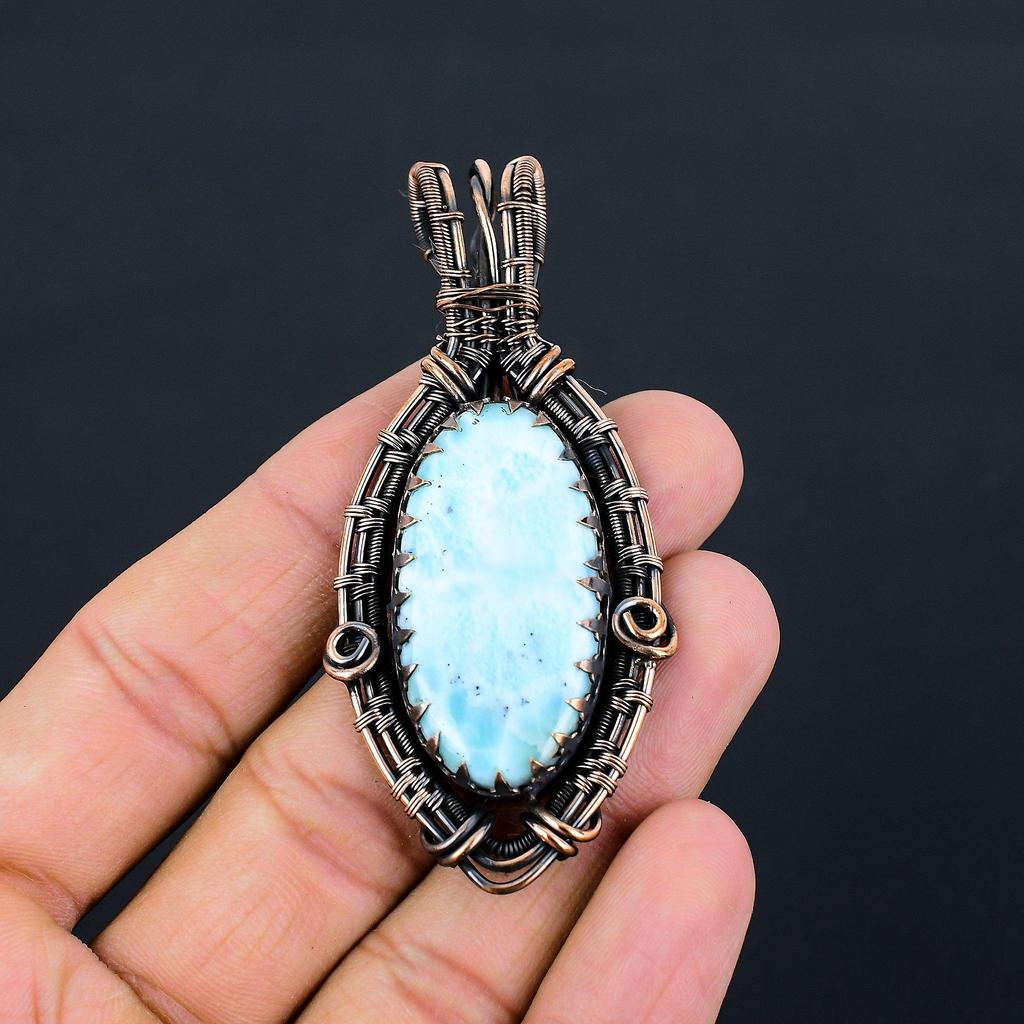Причудливый кулон драгоценного камня Ларимар чистая медная проволока обернутая ювелирные изделия ручной работы для подарка