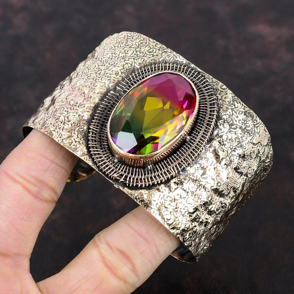 Браслет с граненым турмалином, регулируемый браслет-манжета с медной проволокой, браслет ручной работы с драгоценными камнями, старинные медные украшения, подарок на помолвку