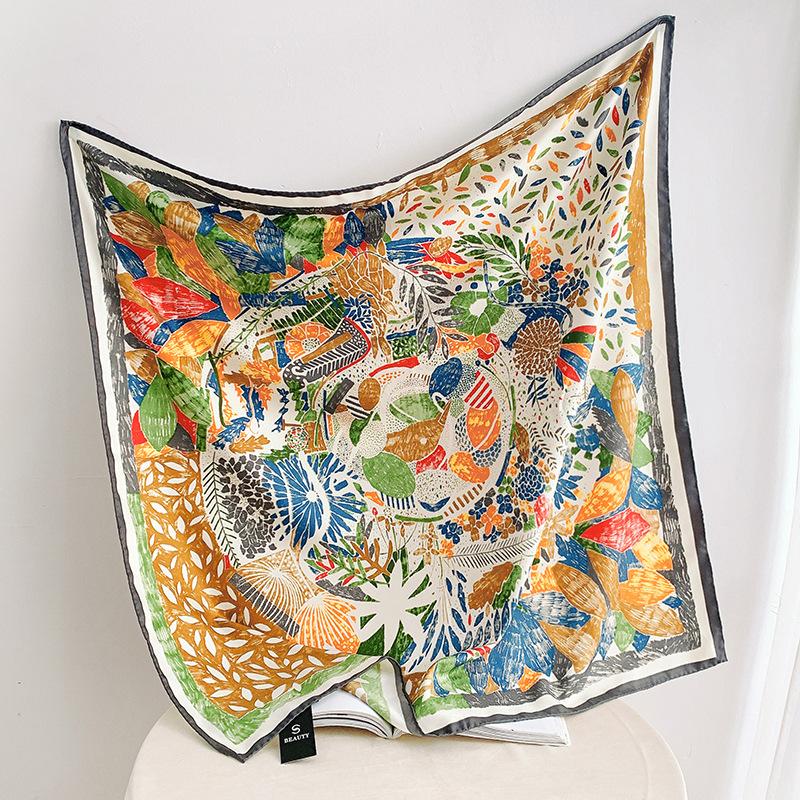 Fashionable and Gorgeous Printed Silk Scarf Women's Contrast Color Silky Simulation Silk Large Scarf Shawl