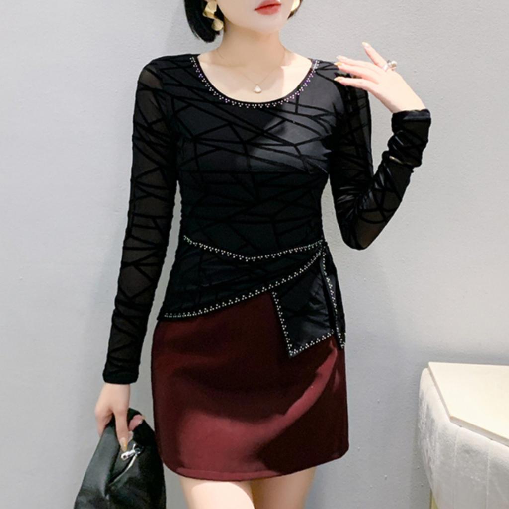 Mesh Base Shirt for Women In Winter Heavy Industry Ironing Top Slim Long-sleeved T-shirt
