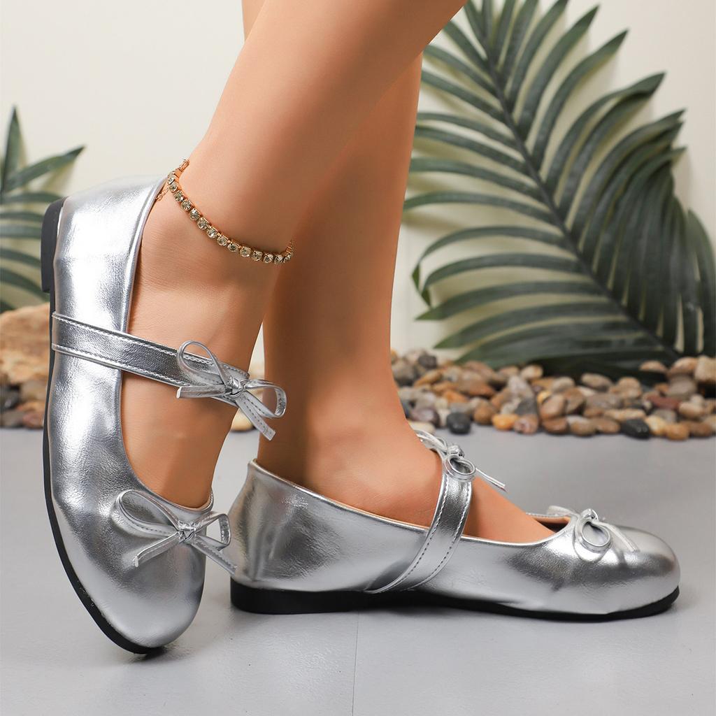 Модные серебристые балетки с бантом для женщин, весенне-летние, удобные, слипоны, плоская подошва, женские легкие туфли Мэри Джейн с мягкой подошвой