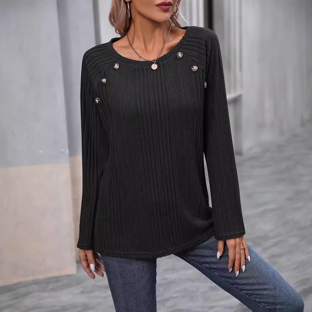 Autumn and Winter Women's Pit Stripe Milled Round Neck Solid Colour Button Long Sleeve Top