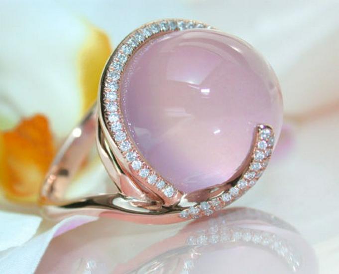 Zhenrong 14K Rose Gold Pink Crystal Moonstone Diamond Ring, European & American Creative Design.