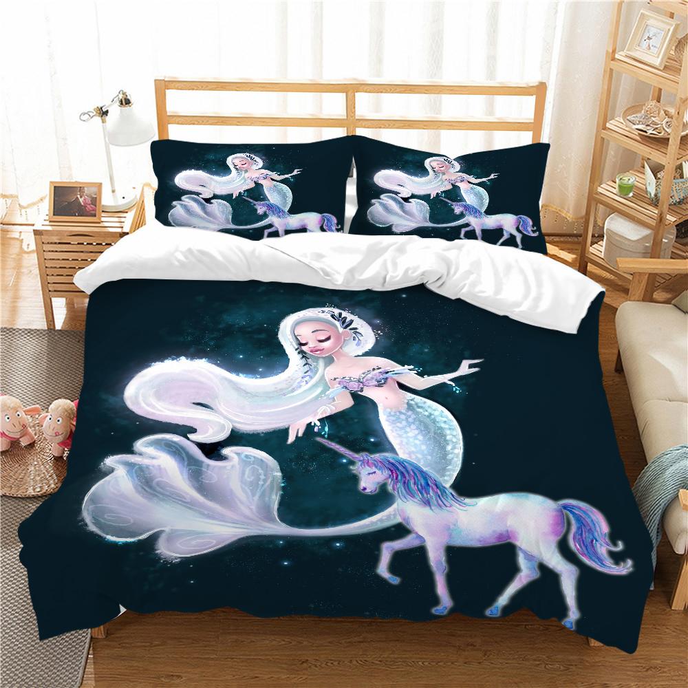 Mermaid Bedding 3D Girl Princess Room Duvet Cover Pillowcase 2/3pcs Single/double Bed Full-size Home Textile Girl Woman Gift