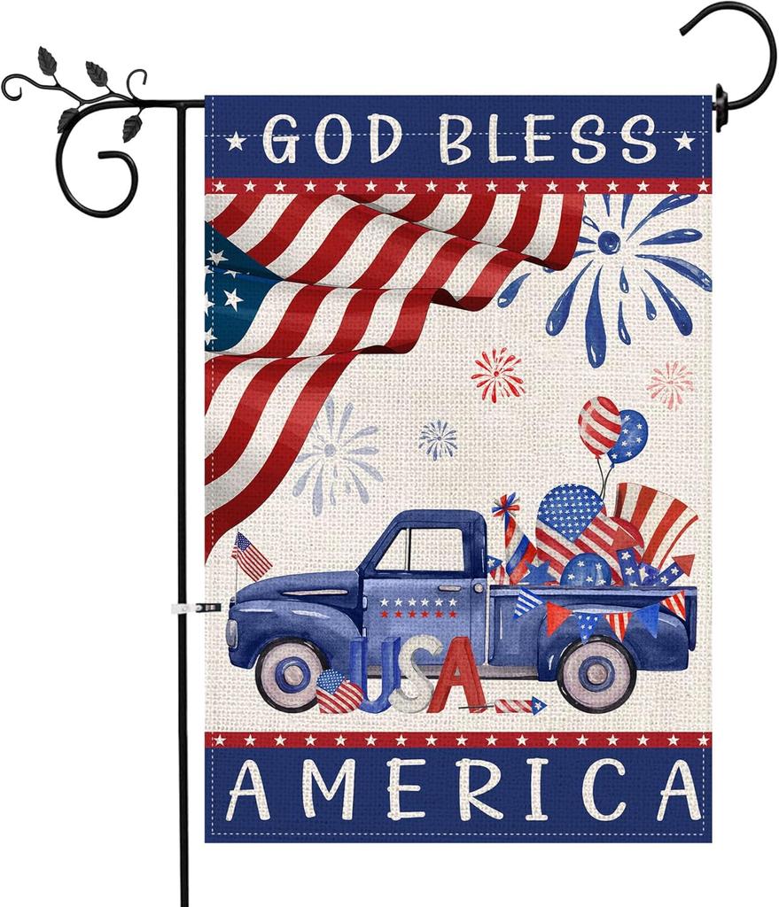 Bonsai Tree 4th of July Garden ag 12x18 Double Sided, God Bless America Patriotic ags for Outside, Memorial Independence