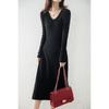 Women's Pure Wool V-Neck Ribbed Knit Dress: Slim, A-Line, Warm Autumn/Winter Sweater Skirt.