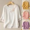 Women's Cotton Linen Shirts Floral Embroidery Casual Loose Tunic Top Summer Three Quarter Sleeves Breathable Comfortable Blouses