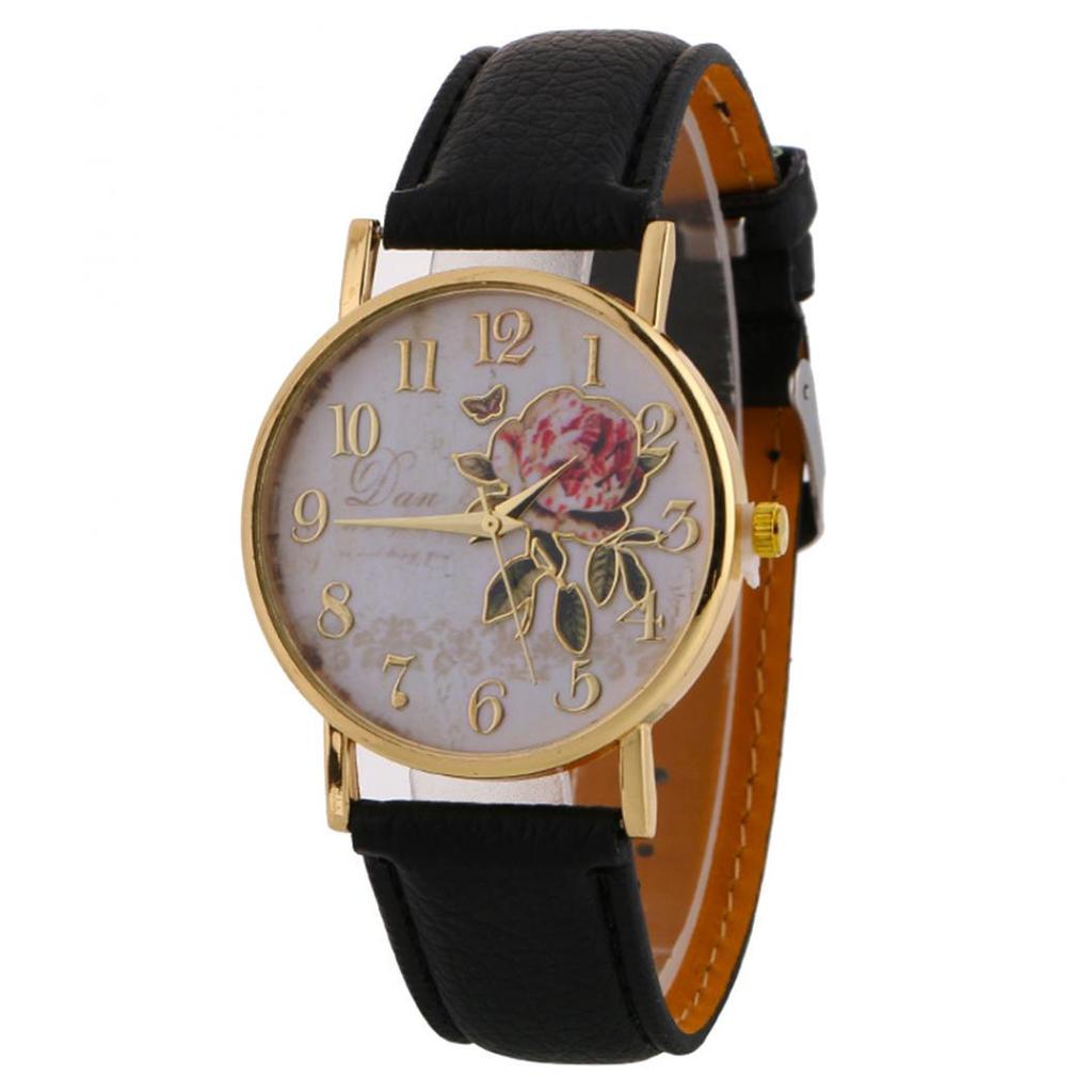 Useful Women Number Rose Flower Round Dial Faux Leather Band Quartz Wrist Watch