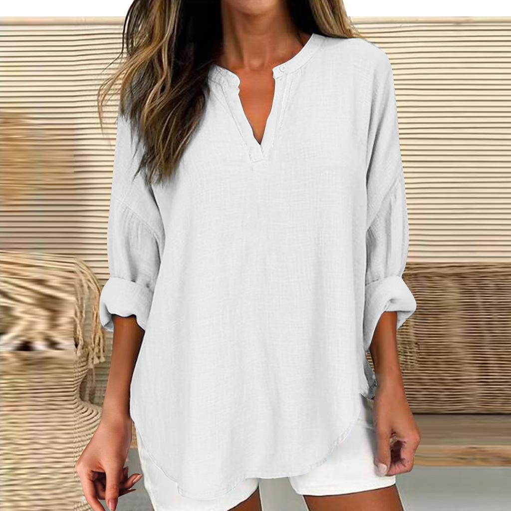 Women's Cotton Linen Solid Color Long Sleeve Shirt V-Neck Loose Blouse Pullover Top