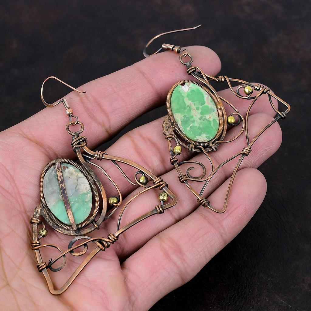 Серьги из варисцита, обернутые медной проволокой, элегантные ювелирные изделия, серьги ручной работы, ювелирные изделия из медной проволоки, серьги с драгоценными камнями, подарок на годовщину