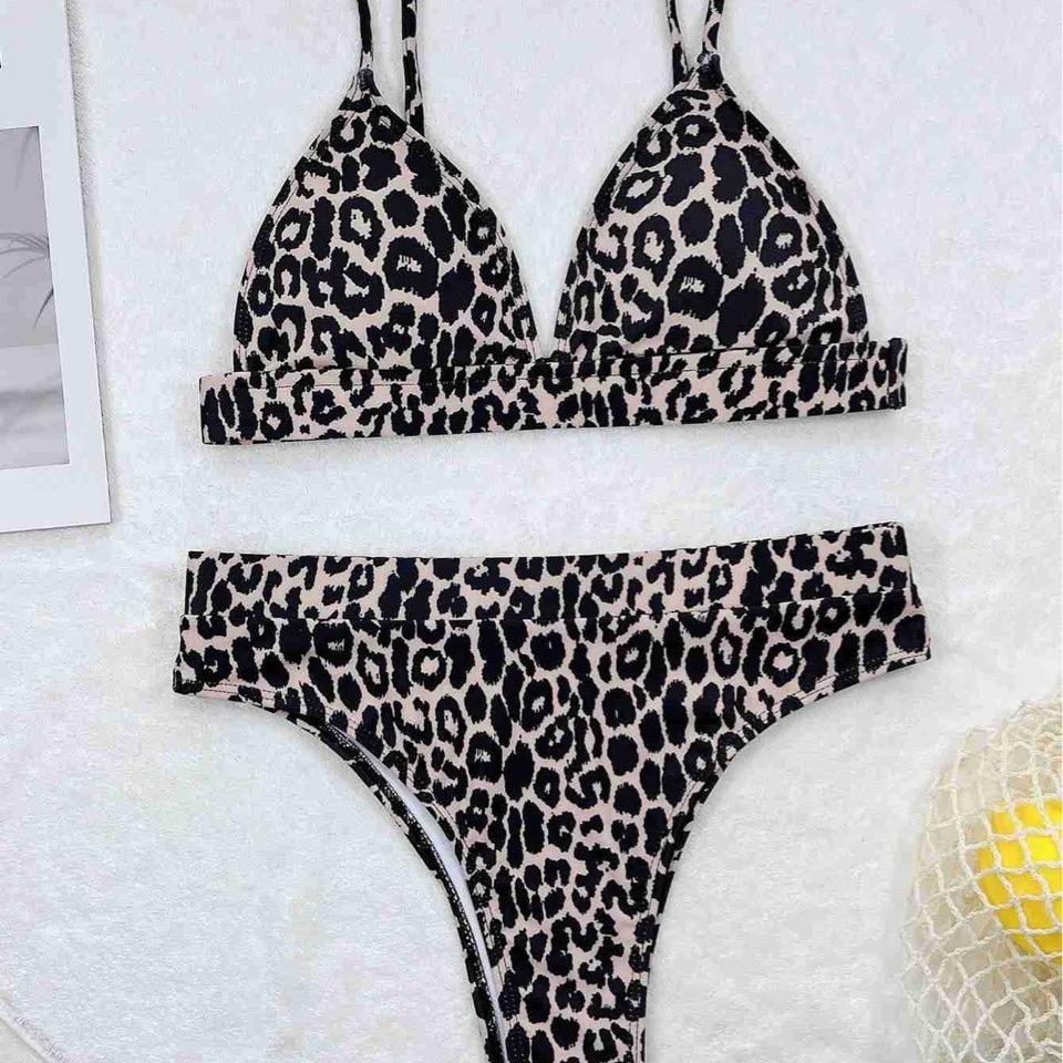 European and American sexy leopard print bikini swimsuit women's high waist print halter girl tight split swimsuit