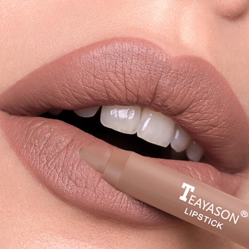 Nude Apricot Lipstick Pen Waterproof Sexy Red Brown Matte Lipstick Tint Contour Lip Liner Makeup Lasting Non-stick Cup Cosmetics