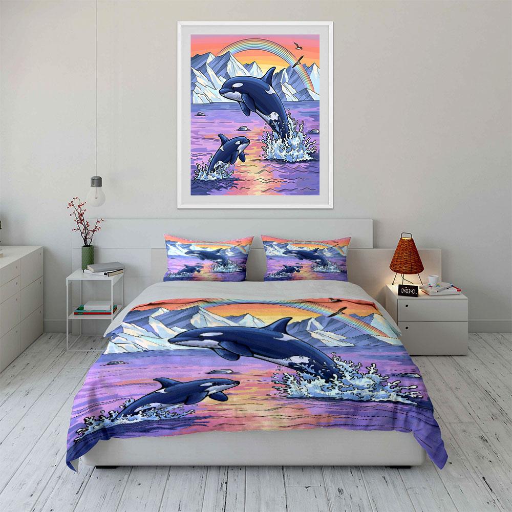 Jumping Orcas with Rainbow Scene Bedding Duvet Cover Set Duvet Cover Pillowcases (1*Duvet Cover 2*Pillowcases, without duvet insert)
