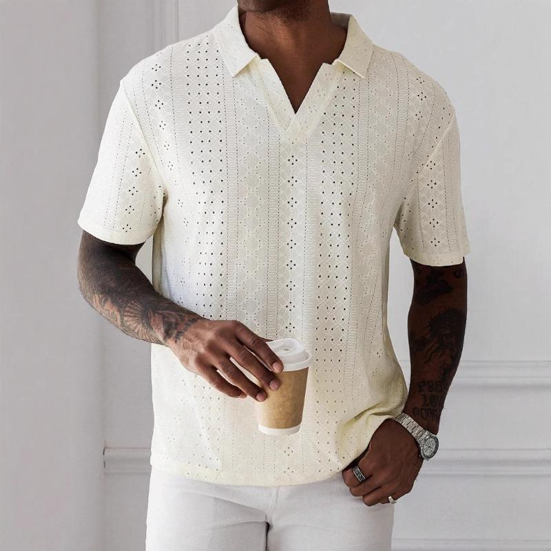 Летняя новая рубашка с коротким рукавом, вязаный жаккардовый полый fabric, футболка, мужской кардиган