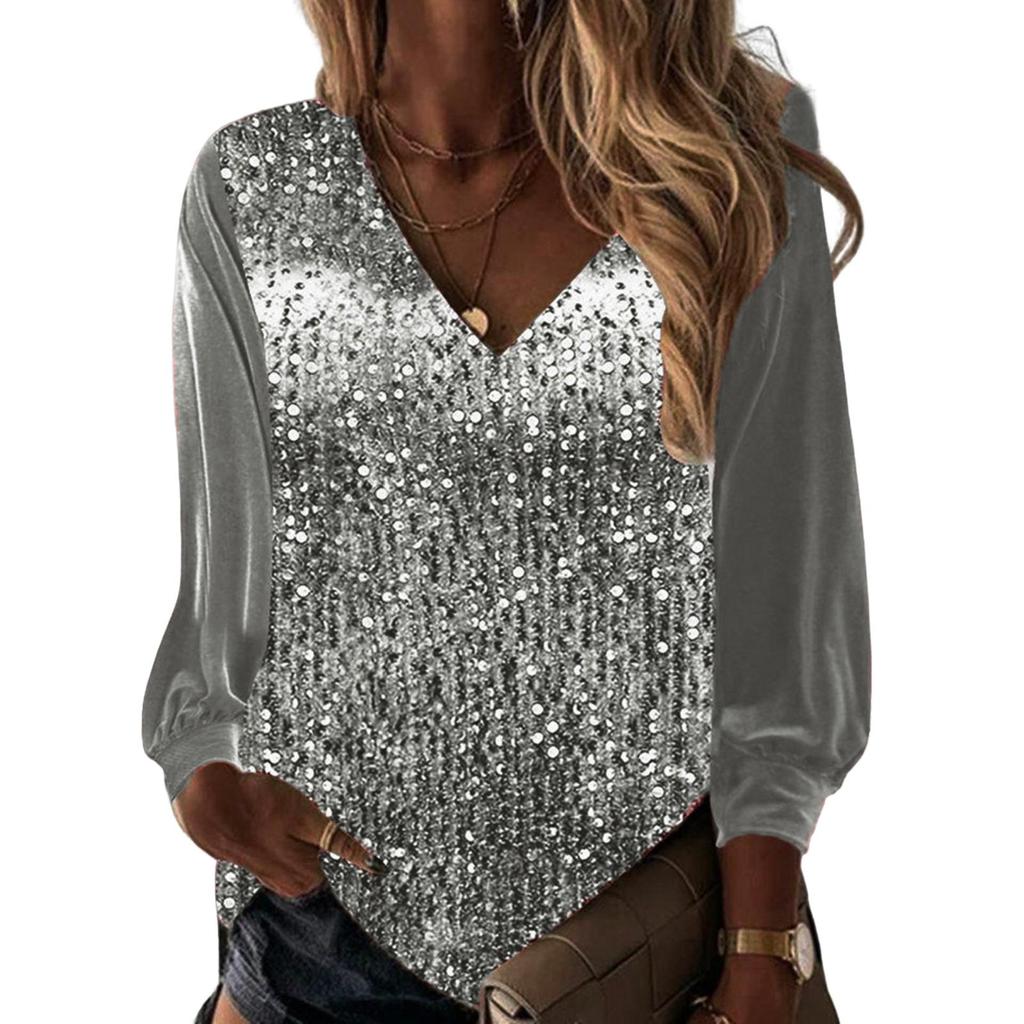 Lady Top V-neck Dressing Up Breathable Stylish Women Sequins Spring Tee Shirt Daily Clothing