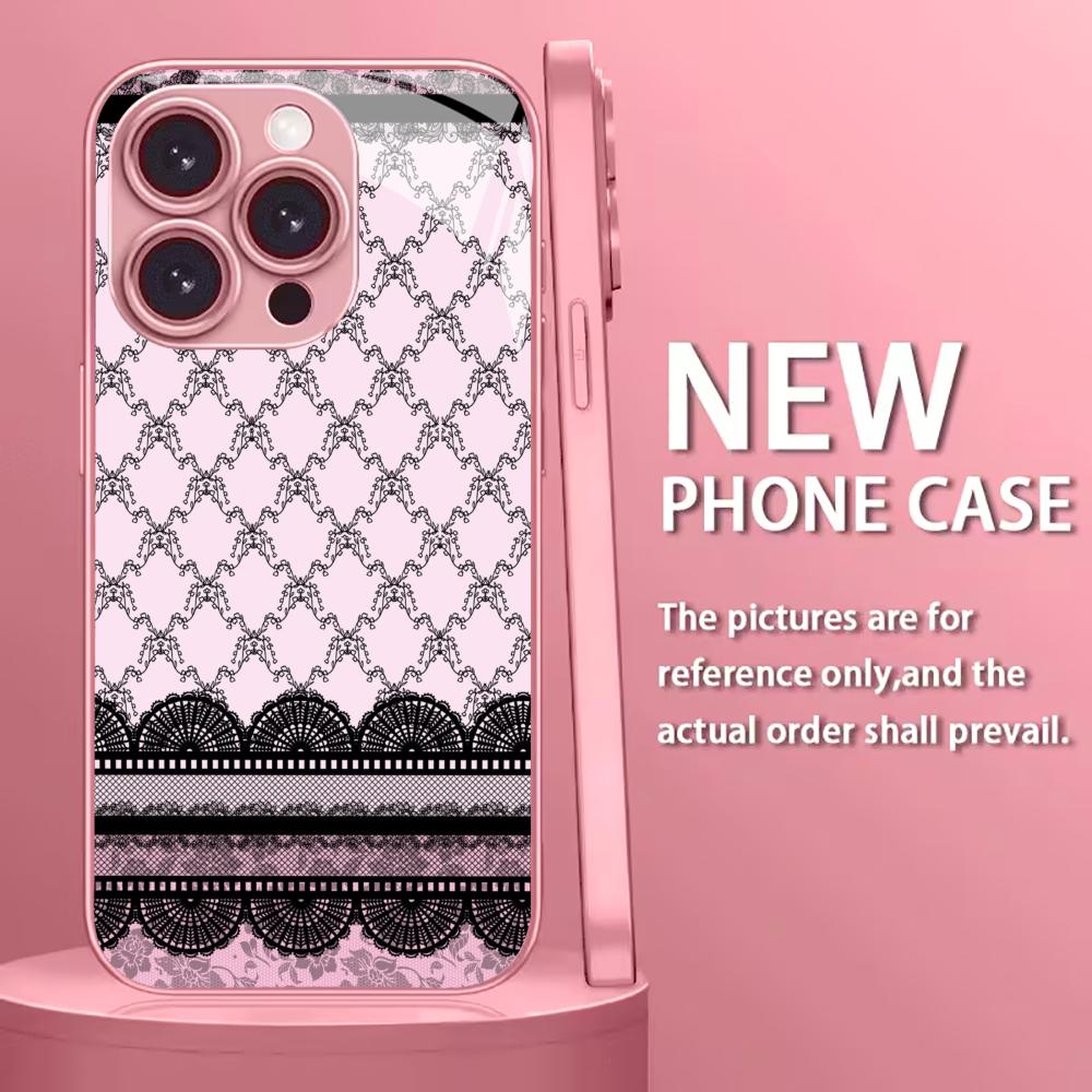 Elegant Black Lace Print phone case for iphone 17 case for iphone 17 pro max cover Glass for iPhone 17 16 15 14 13 12pm Pro Plus