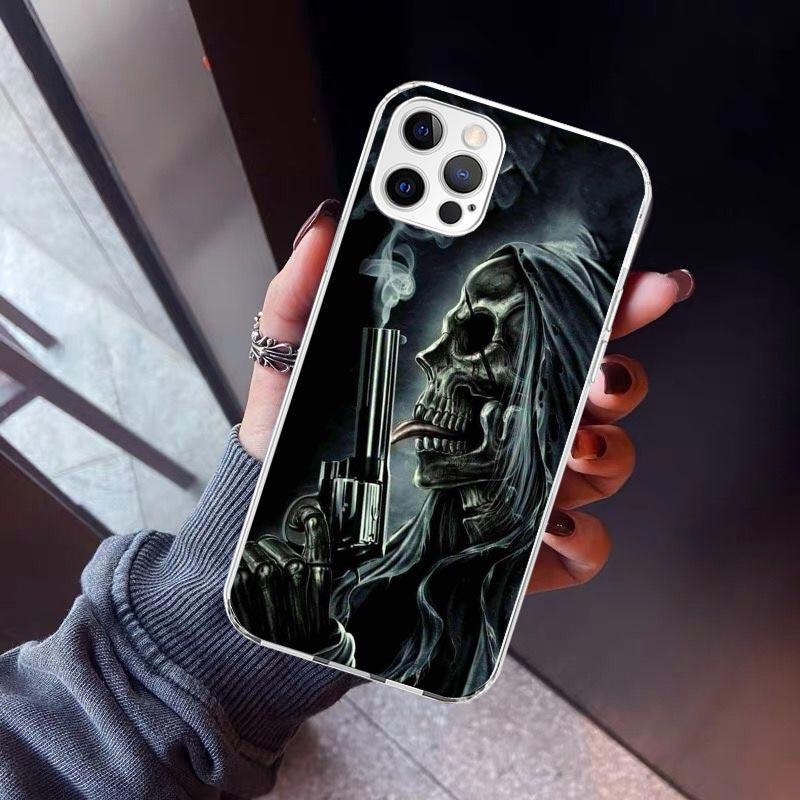 Чехол для телефона 'Череп Жнеца Скелет Пистолет' для iPhone 17 Air 11 13 Mini 14 15 Plus 16 12 Pro Max 16E SE 7 8 Узор Мягкий ТПУ Задняя Крышка