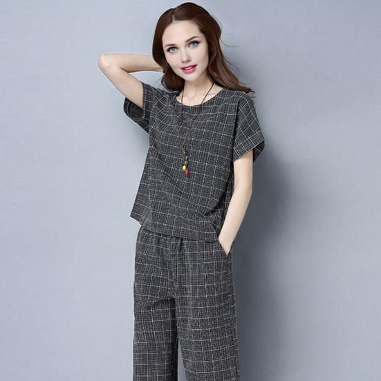 Женский клетчатый комплект из 2 предметов: повседневный комплект из топа с круглым вырезом, короткими рукавами, укороченными брюками и карманами, летний свободный комплект для отдыха