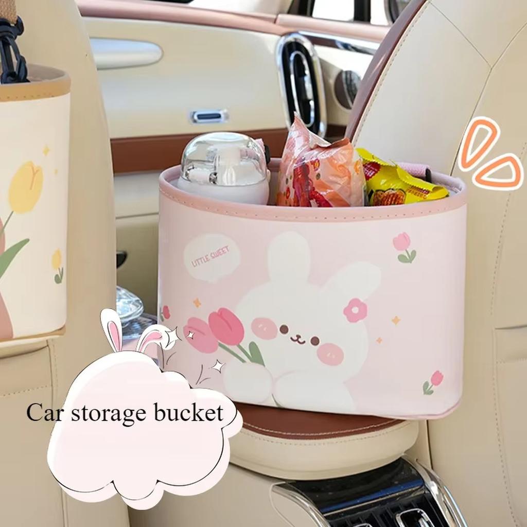 Cartoon Bear Car Trash Can Leather Printing Car Storage Bucket Hanging Multi-functional Car Storage Box