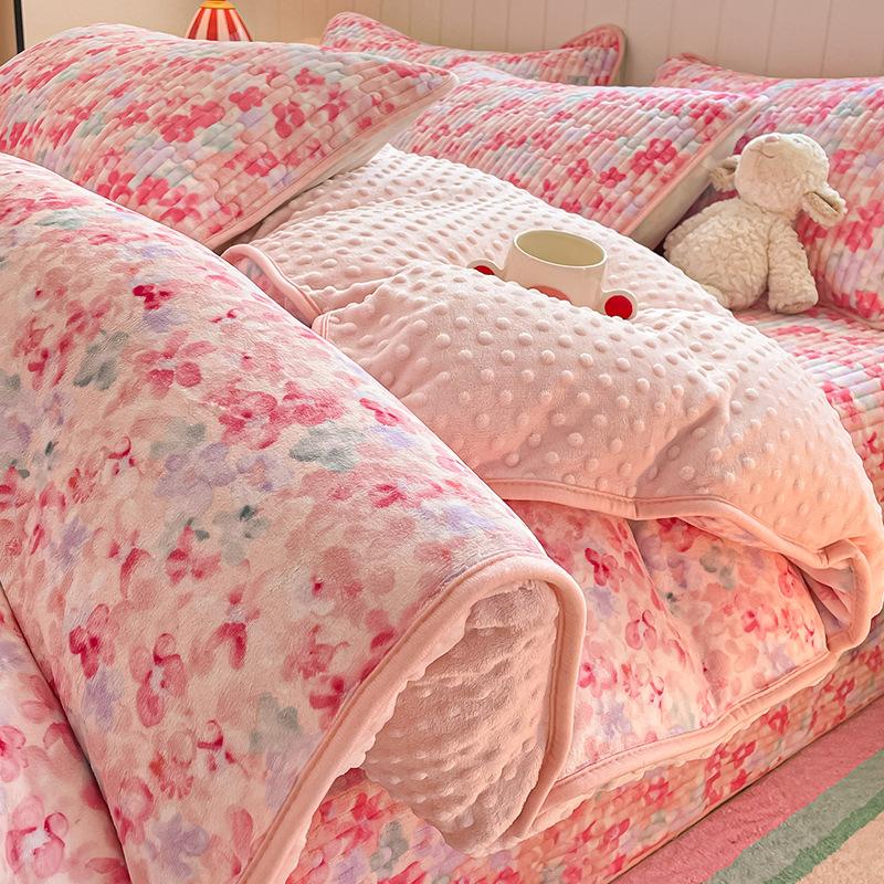 Thickened Milk Fleece Bed Cover Four-Piece Warm Bean Fleece Quilt Cover Coral Fleece Bedding Fleece