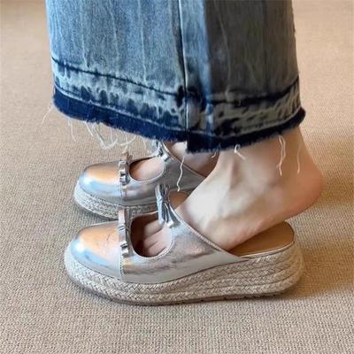 Новый китайский стиль ретро толстая подошва соломенная плетеная сумка головной бант крутые тапочки 2025 лето новая обувь полутапочки женские