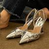 Модные серебристые босоножки на высоком каблуке Женские Летние 2024 Панк Готика Острый носок Вечерняя обувь Женские Металлические Туфли-лодочки на тонком каблуке Женские