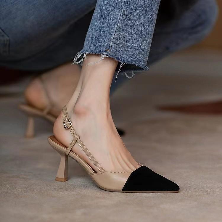 2025 Summer New Bag Head Sandals Color Matching Small Fragrant Wind Pointed High Heels One-word Buckle Sandals Stiletto