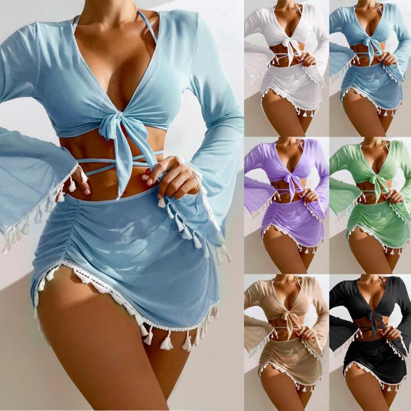 Women's Tassels Swimsuit Sexy 4 Pieces Swimwear Halter Bikini Set Bathing Suits