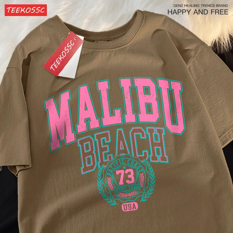 Пляж Малибу Простая надпись Принт Мужчины Женщины Топ Модная футболка Хлопок Свободная футболка Повседневная одежда с круглым вырезом Топ оверсайз