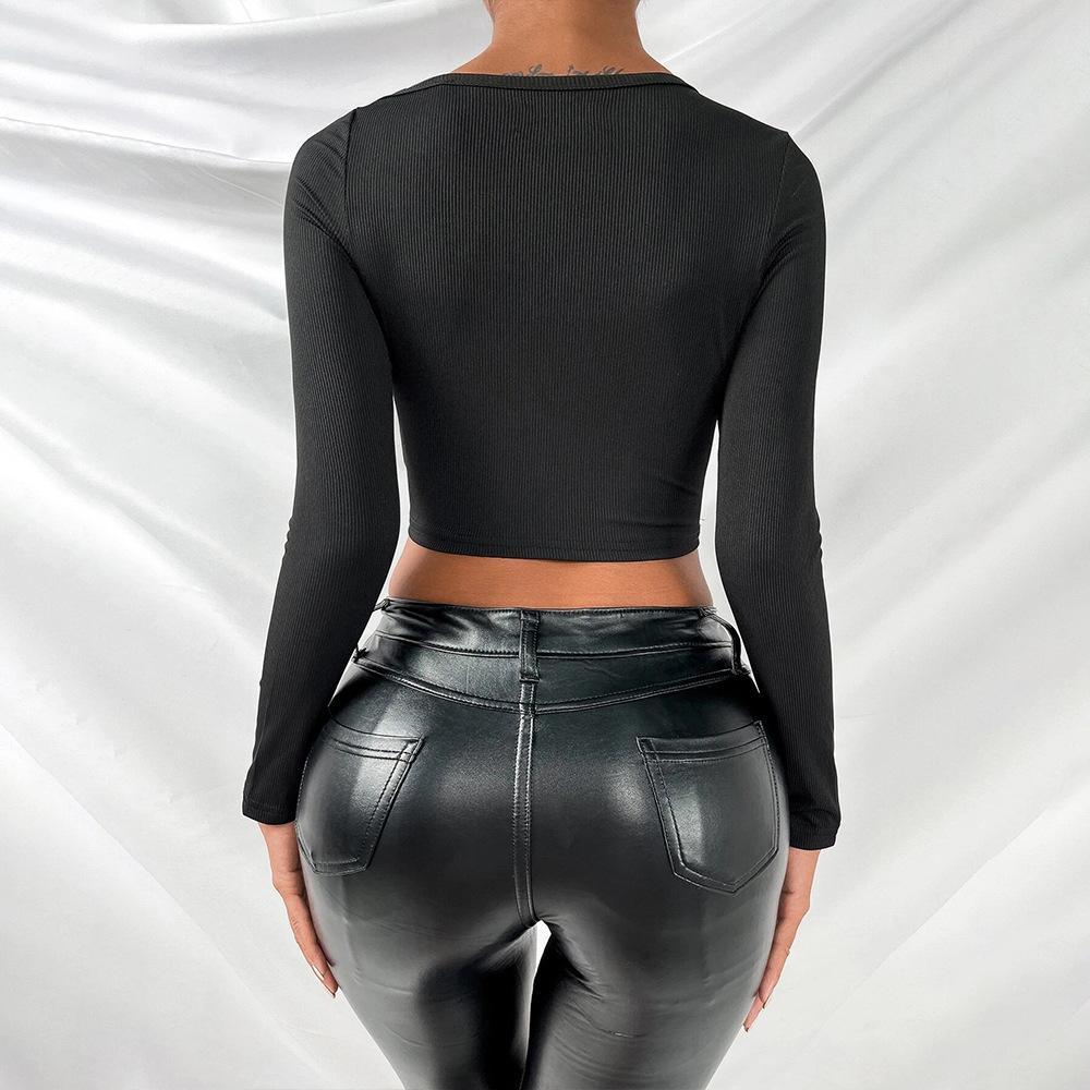 2024 Элегантная женская короткая тонкая сексуальная футболка с длинным рукавом Нижняя верхняя одежда Топ