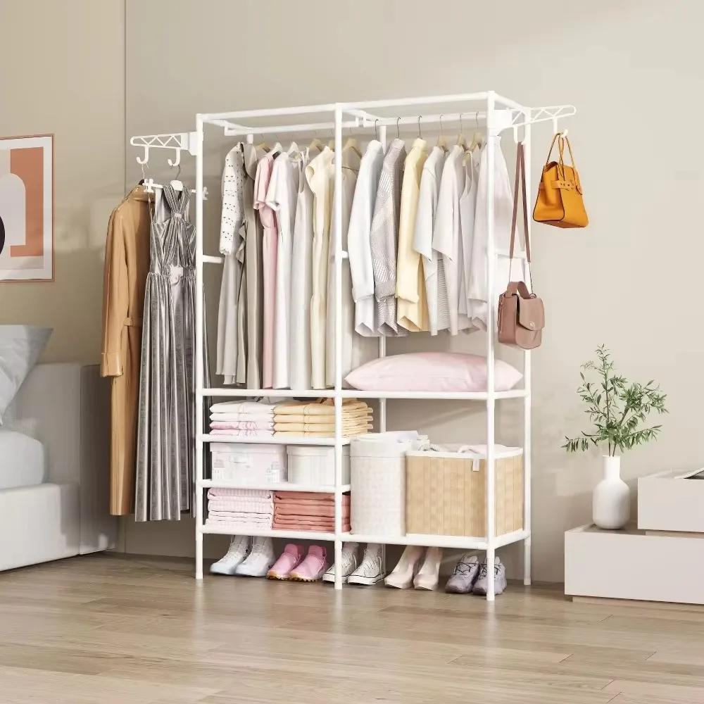Floor Standing Coat Rack Bedroom Double Row Clothe Shelves Simple Large Capacity Wardrobe Closet For Clothes And Shoes Assembly