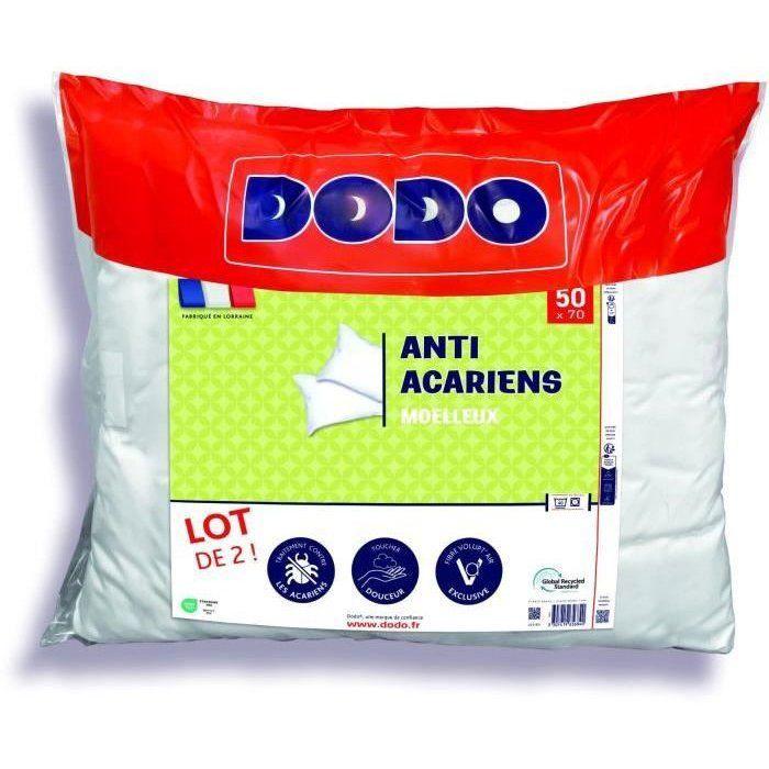 Lot de 2 Oreillers DODO - Anti-Acariens - 50 x 70 cm - 100% Polyester - Blanc