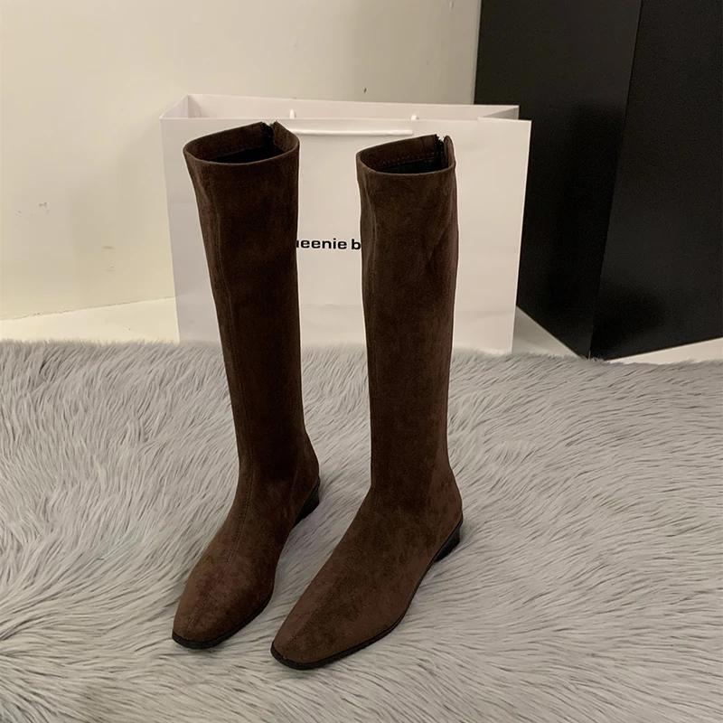 Дизайнерские винтажные женские сапоги до колена, модные туфли на низком каблуке, лаконичные, тонкие, длинные, Botas De Mujer
