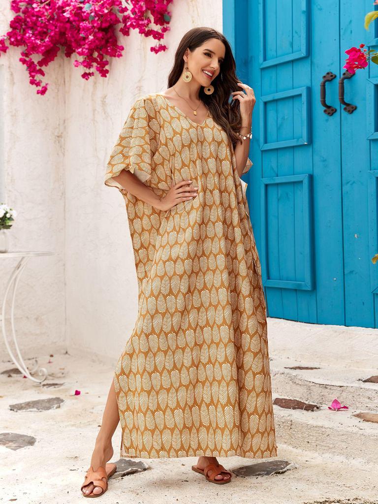 Пляжная накидка с V-образным вырезом с принтом: Свободный халат в европейском и американском стиле для отдыха на море