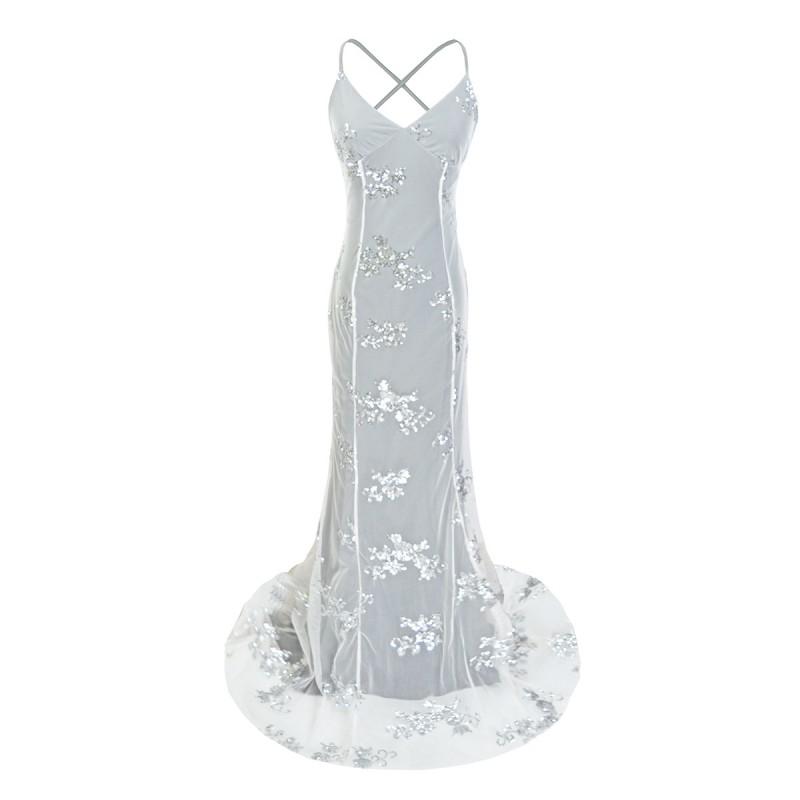 Premium Long Sequin Mesh Fitted Train Evening Dress Sexy Backless Party Gown