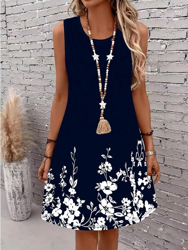 Европейское и американское женское элегантное платье-миди без рукавов с цветочным принтом, доступны большие размеры