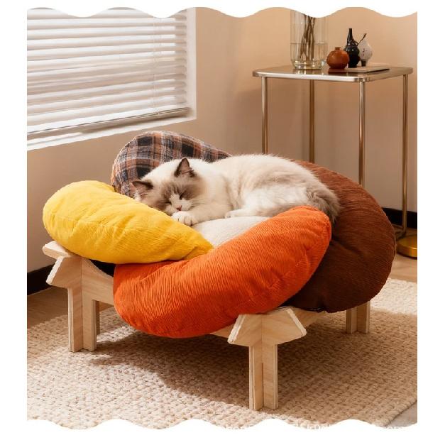 Summer Solid Wood Cat Bed: Raised Off the Ground to Prevent Moisture, Two-Tone Plush, Scratch-Resistant Pet Product